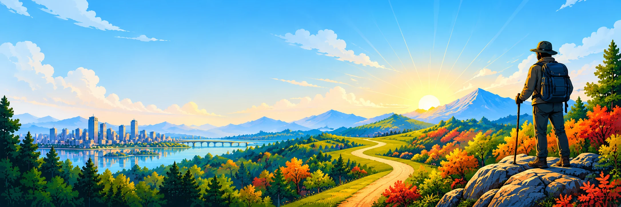 An illustrated journey from city streets to mountain trails at sunrise